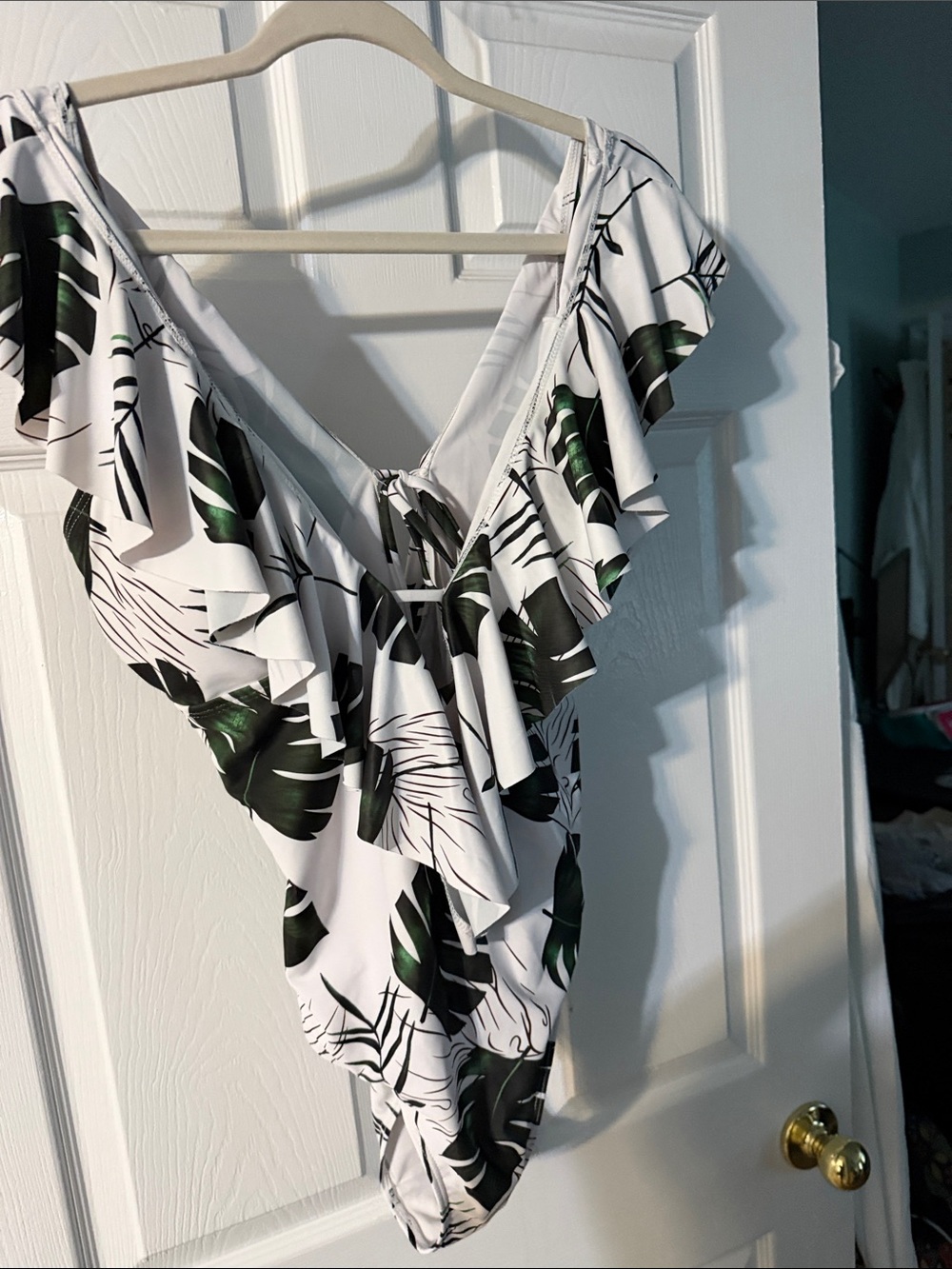 Tropical Ruffle One-Piece Swimsuit - White with Green Leaf Print